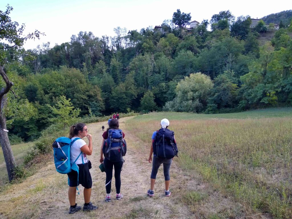 Alcune camminatrici di spalle nel mezzo di un sentiero. Sulla destra campi di erba medica, di fronte a loro un bosco abbastanza giovane da cui spuntano alcuni tetti di un borgo.